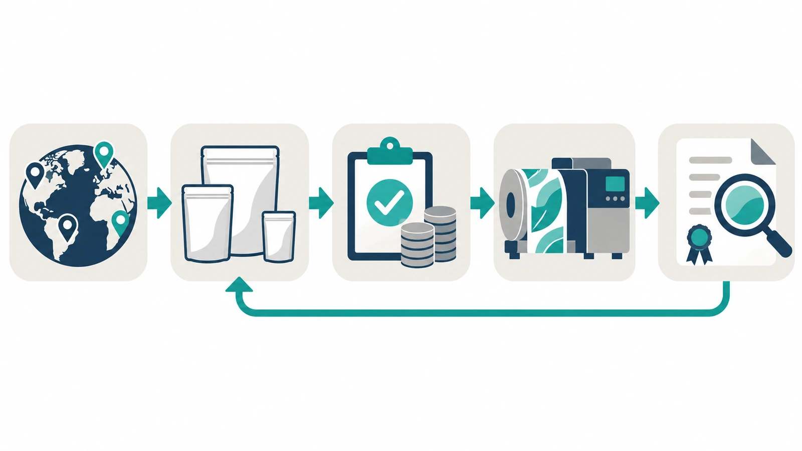 Fluxo de decisão do mapeamento de mercado à contagem de configurações, orçamento de testes, escolha do método de impressão e seleção de fornecedores