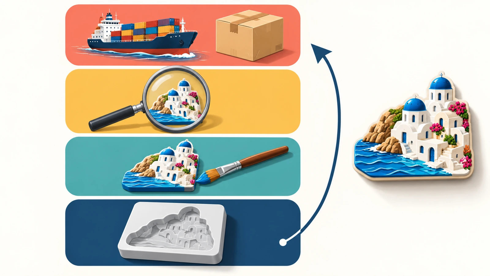 Diagrama de quatro camadas de custo empilhadas de um ímã de souvenir personalizado: ferramental, produção unitária, taxas de pedido e frete