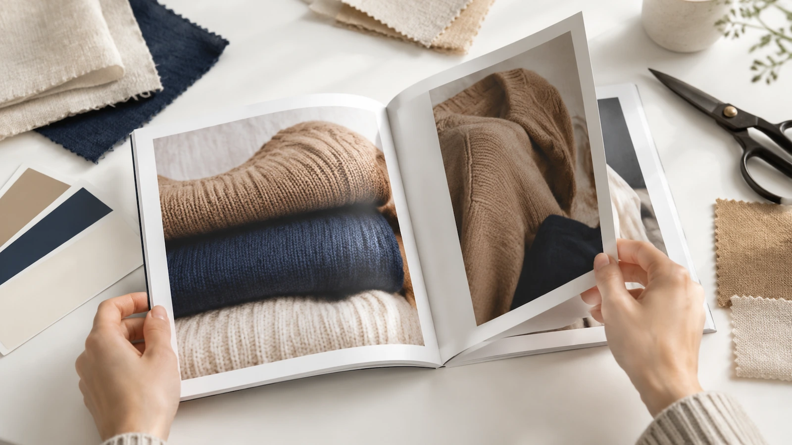 Mãos folheando um lookbook de moda quadrado sobre uma mesa com amostras de tecido e cartelas de cores