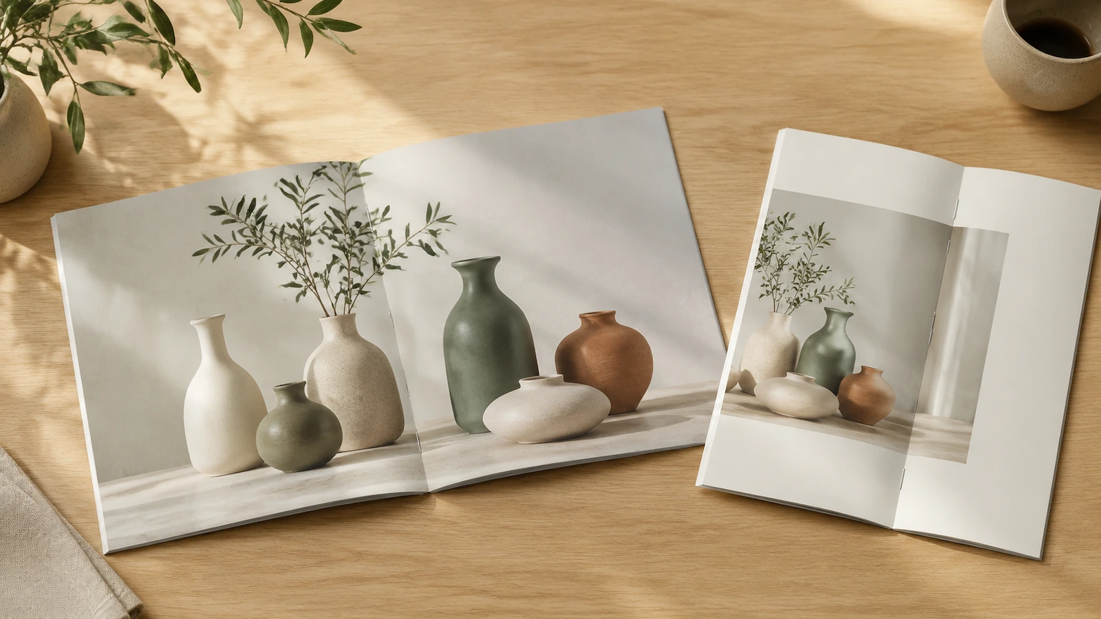 Um livreto quadrado aberto em uma ampla dupla panorâmica de produtos ao lado de um livreto em retrato que mostra uma dupla mais estreita, sobre uma mesa de carvalho claro