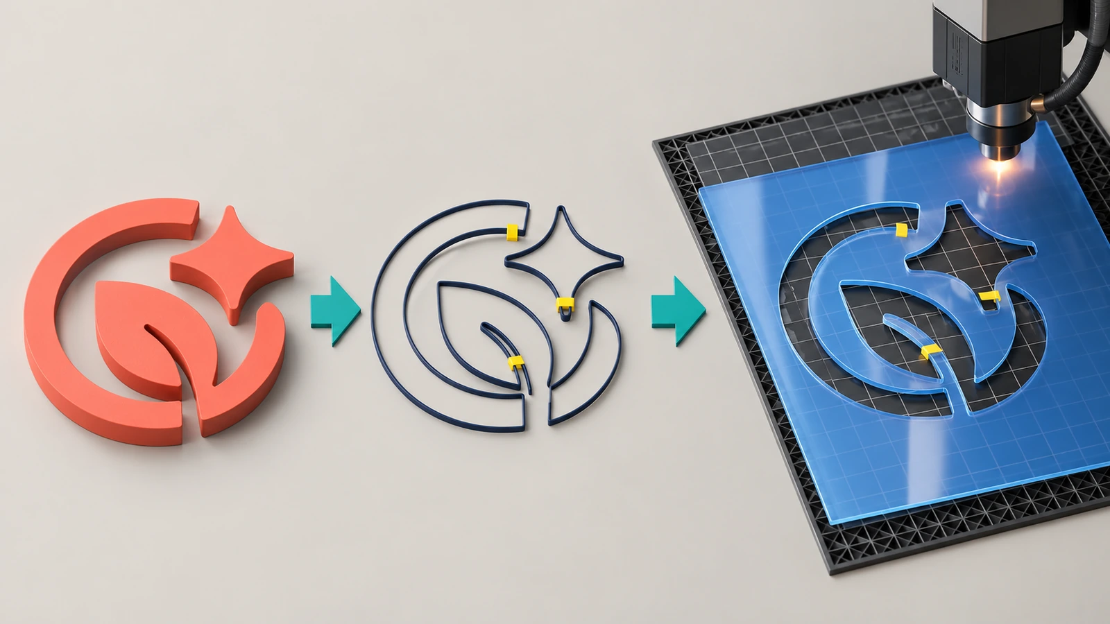 Fluxo de trabalho que vai de uma forma abstrata de logotipo a um contorno vetorial com conectores de ponte destacados e uma folha de estêncil cortada e translúcida, já finalizada