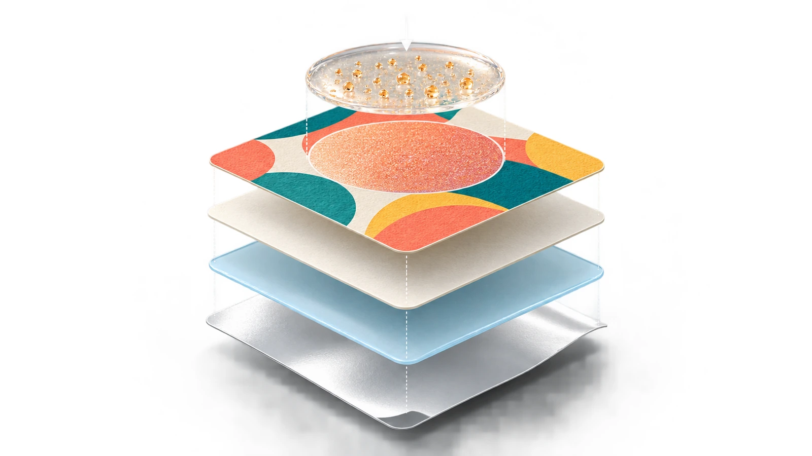 Diagrama explodido em camadas de um adesivo aromático, com o papel de suporte, a camada de cola, o papel de face, a arte impressa e um revestimento aromático transparente separado, restrito a uma zona circular