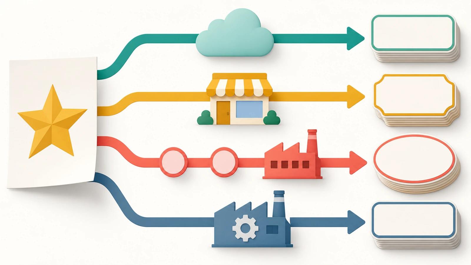 Diagrama de quatro caminhos de compra, da arte da marca aos adesivos prontos: loja online, gráfica local, agente comercial e fabricante direto, com o número de repasses indicado por setas