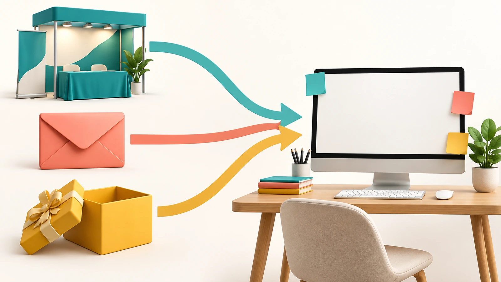 Diagrama mostrando três caminhos das notas adesivas promocionais: um estande de feira, um envelope enviado pelo correio e uma caixa de boas-vindas, cada um com setas que levam a uma mesa de escritório onde folhas de notas coloridas estão coladas em um monitor
