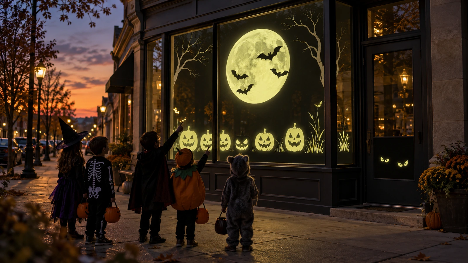 Vitrine ao entardecer com adesivos de vitrine que brilham no escuro, com uma lua, morcegos e rostos de abóbora de Halloween acima de silhuetas de crianças pedindo doces