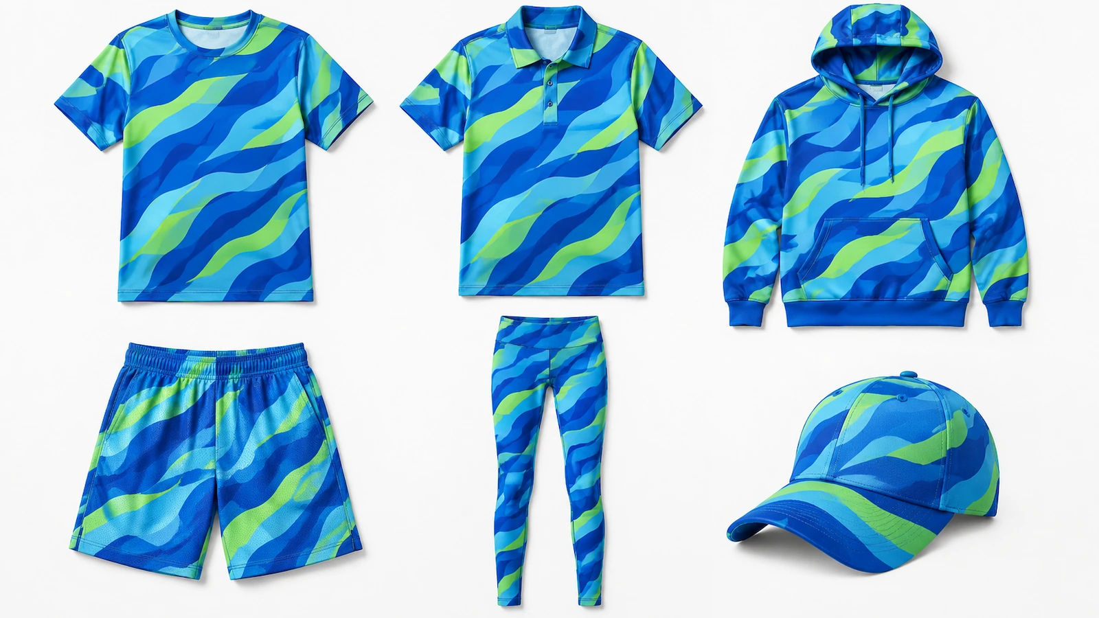 Linha coordenada de vestuário sublimado estendida em plano: camisa de jogo, polo, moletom, short, leggings e boné compartilhando um mesmo padrão de cores abstrato