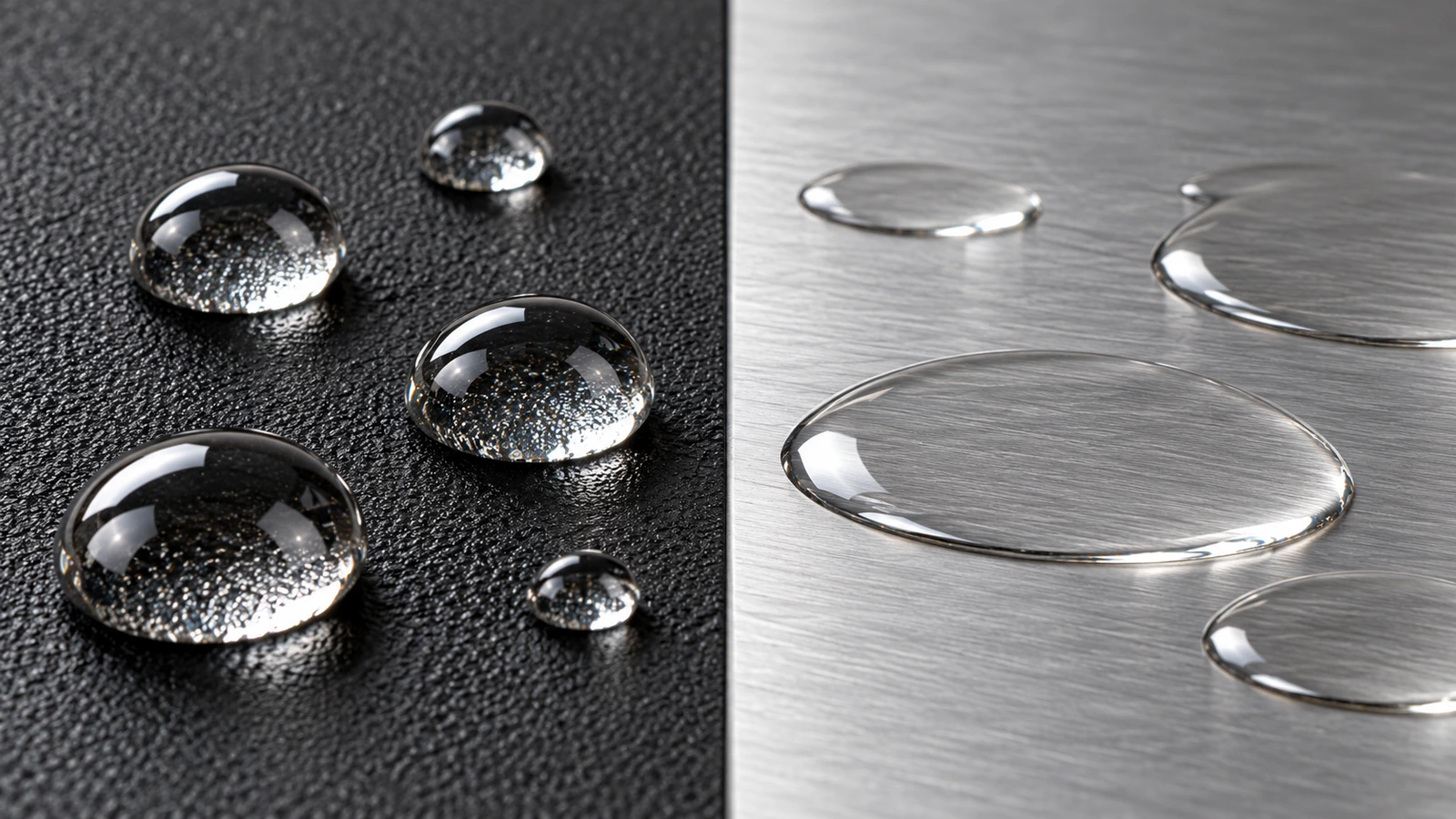 Gotas de água formando contas bem definidas em uma superfície plástica texturizada e se espalhando de forma plana sobre metal escovado, ilustrando baixa versus alta energia superficial