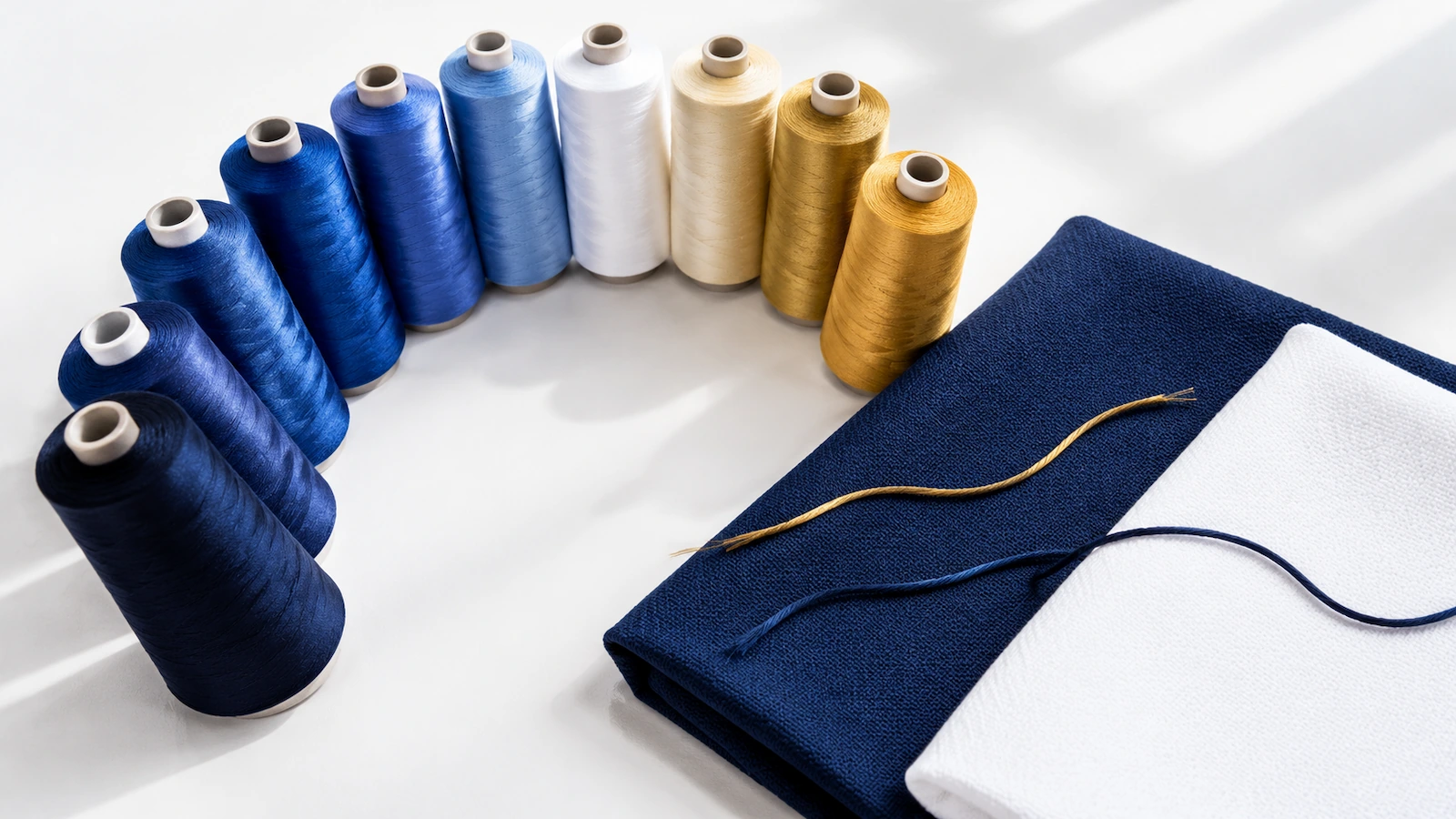 Cones de linha de bordar abertos em leque, em tons de azul-marinho, branco e dourado, ao lado de amostras de tecido piquê azul-marinho e branco, para conferência de cor à luz do dia