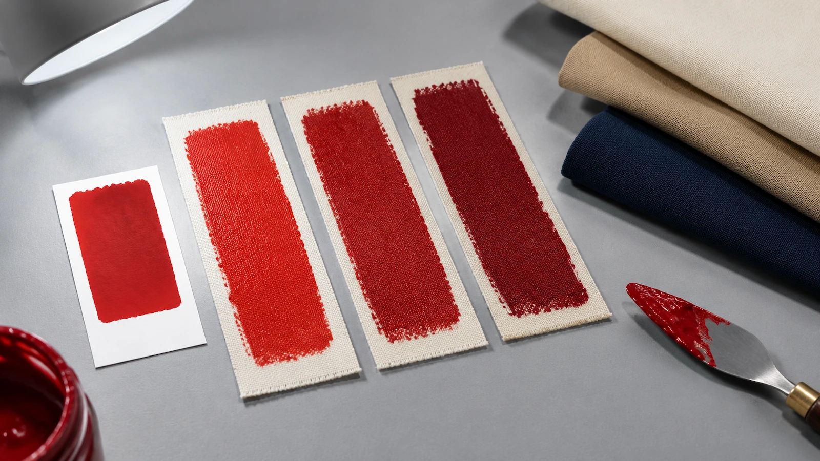 Amostras de tinta aplicadas em tiras de lona, dispostas ao lado do tecido colorido da tote bag sob uma lâmpada de luz do dia neutra, para correspondência de cor