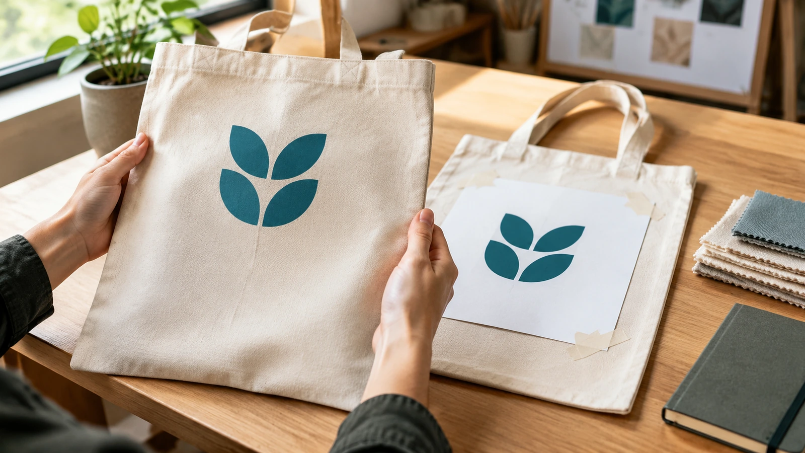 Mãos segurando uma tote bag de amostra impressa ao lado de um esboço da arte em papel sobre uma bancada, comparando a posição e a cor da impressão à luz do dia