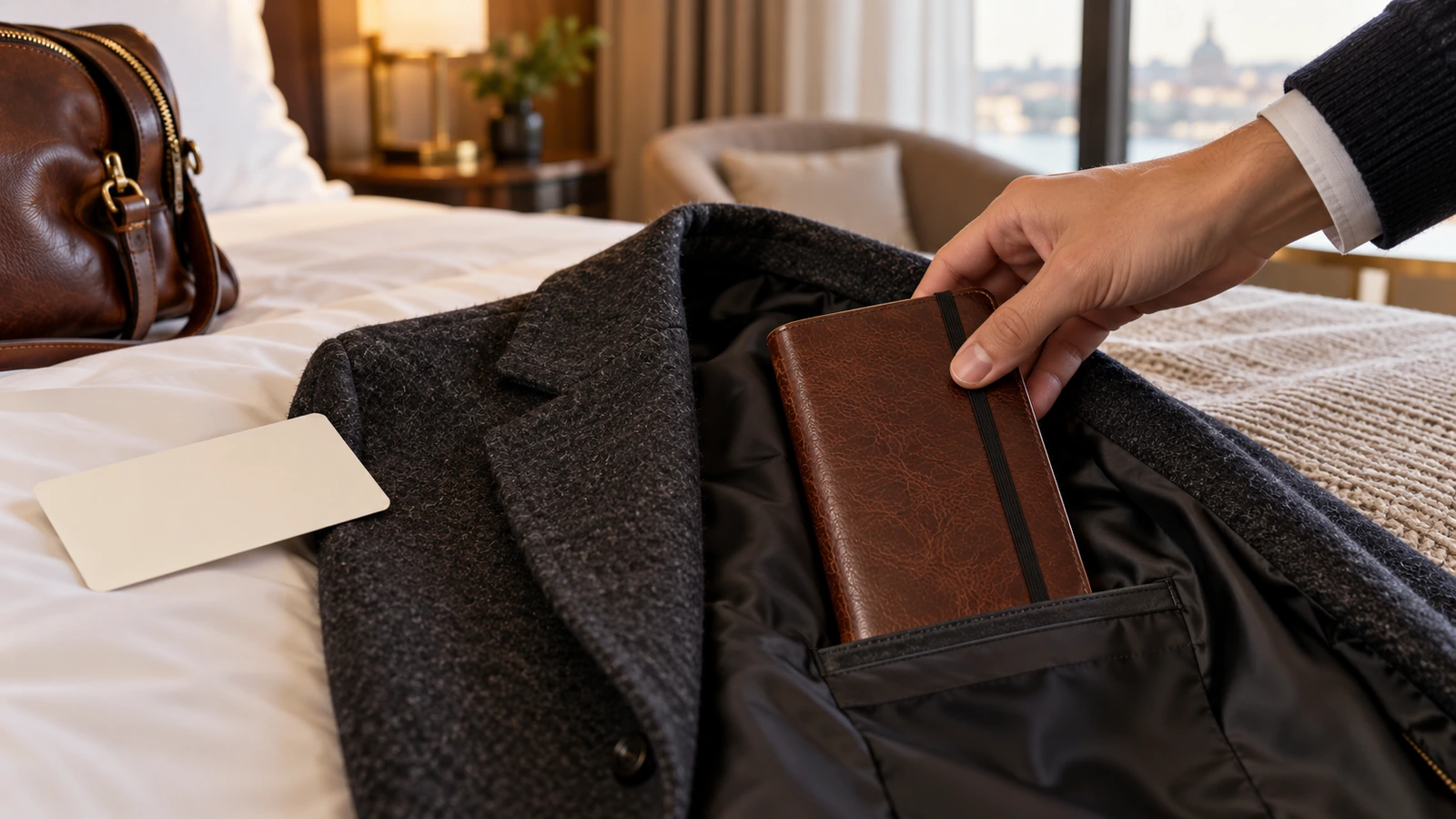 Diário de viagem de couro deslizando para o bolso interno de um casaco, ao lado de um cartão em branco do tamanho de um cartão de embarque, mostrando um formato fácil de carregar
