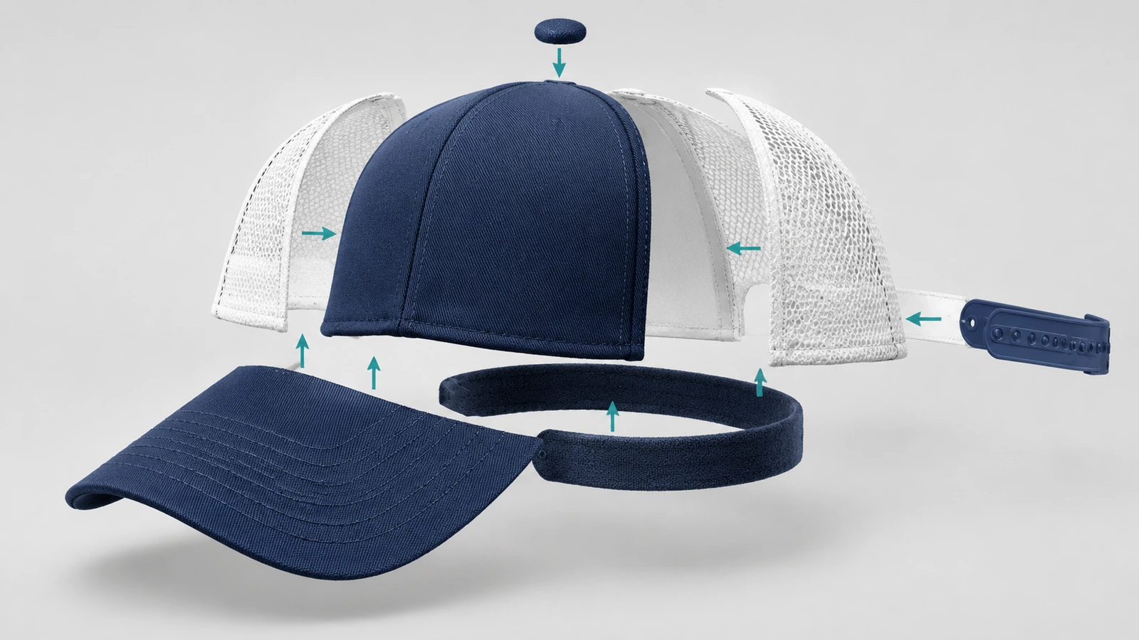 Vista explodida de um boné trucker personalizado de alta qualidade, mostrando painel frontal, painéis traseiros de malha, aba, faixa de suor e fecho snapback como peças separadas