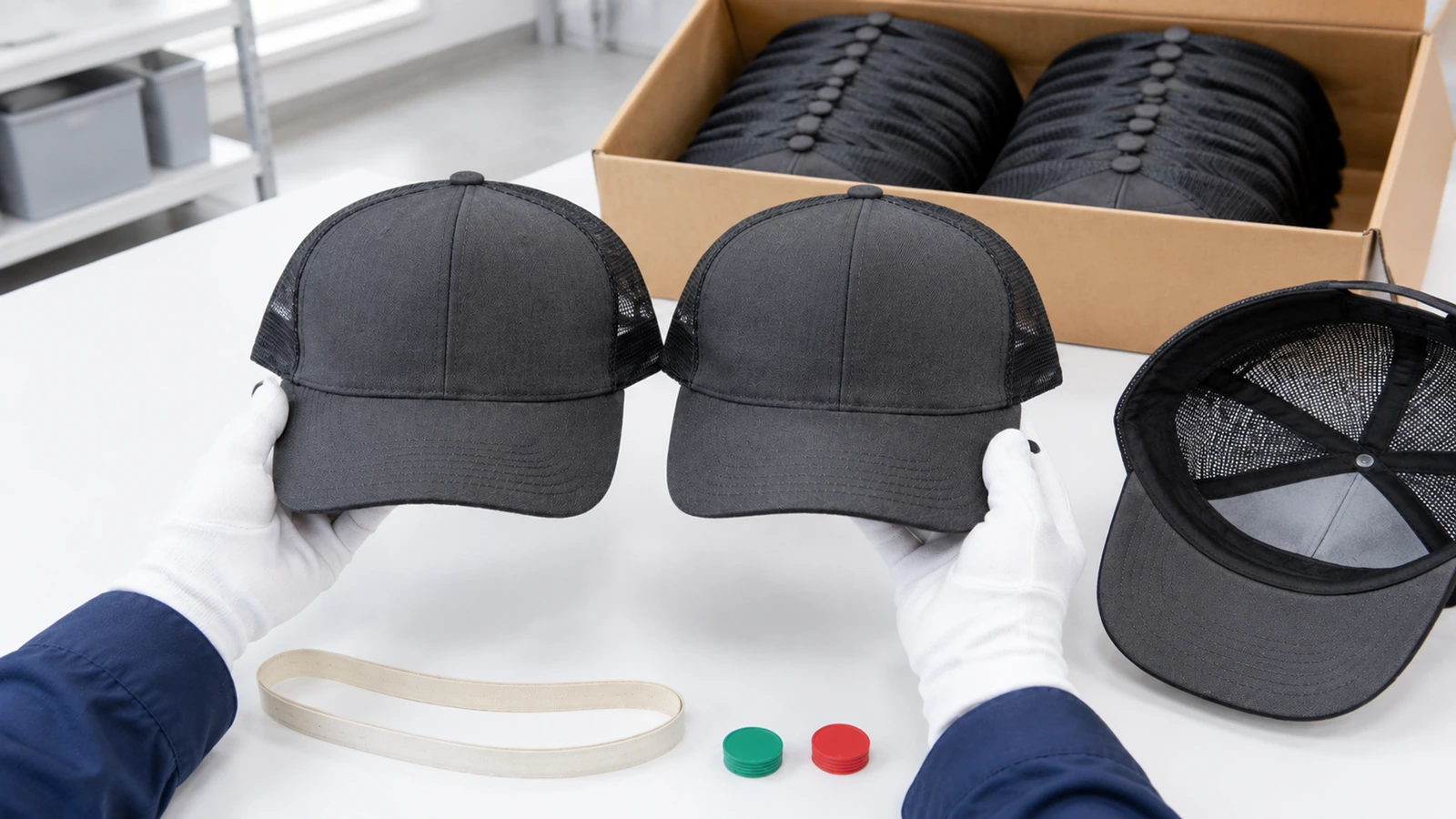 Inspetor comparando um boné trucker do lote de produção com uma amostra de referência lacrada em uma mesa de inspeção iluminada por luz do dia