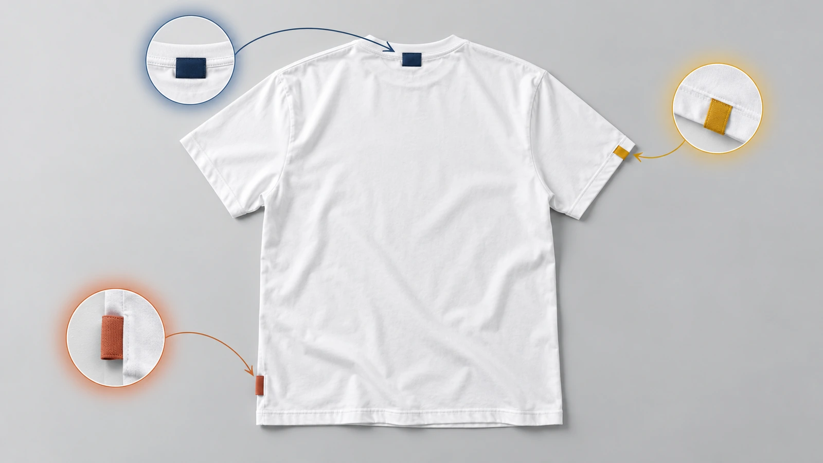 Vista traseira de uma camiseta estendida sobre uma superfície, com marcadores coloridos no centro das costas, na gola, na barra lateral esquerda e na bainha da manga, mostrando as três posições da etiqueta tecida