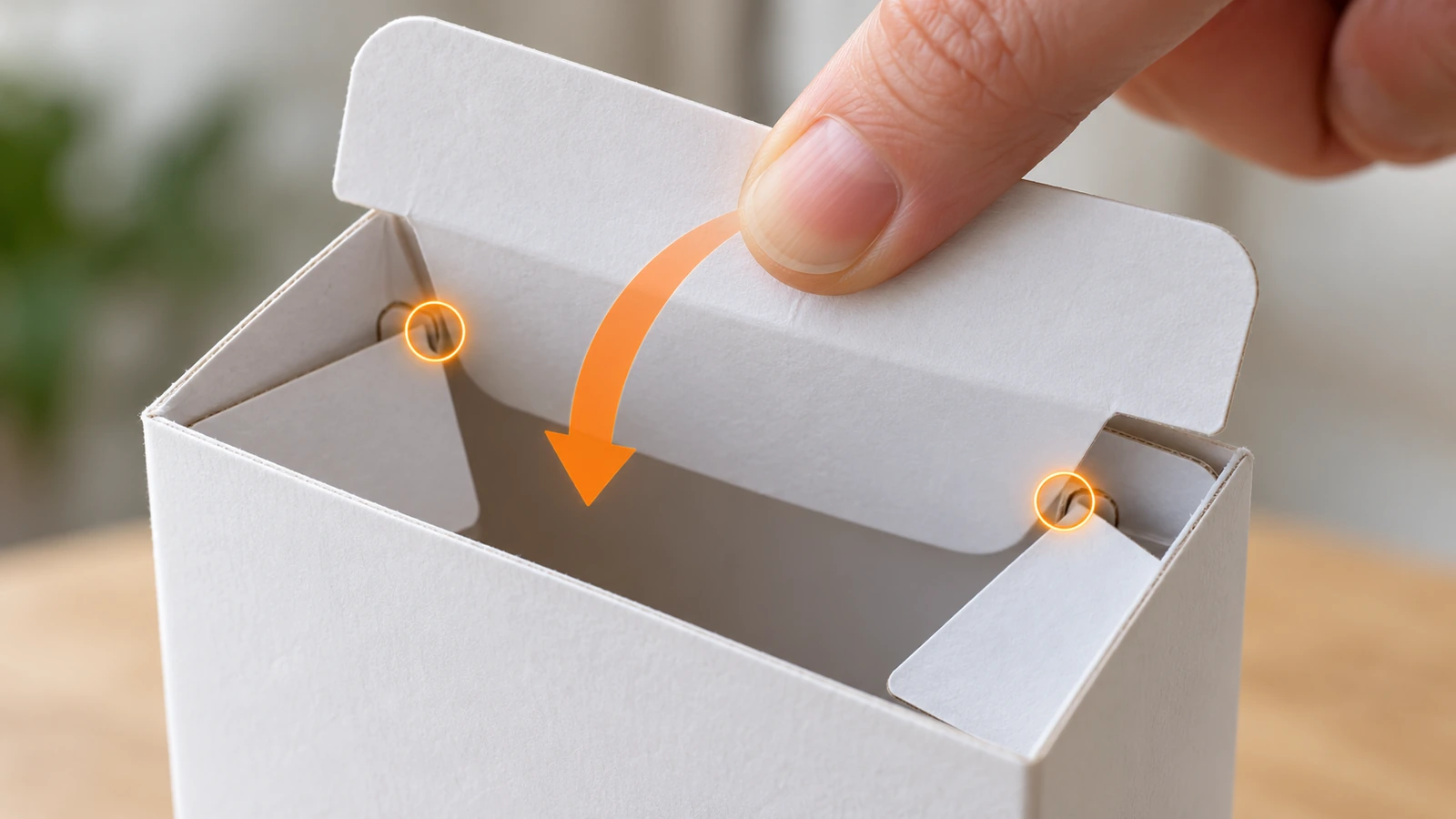 Detalhe de uma lingueta deslizando pelos ombros da trava com fenda nas abas de canto dobradas, com setas mostrando o caminho de inserção e os pontos de contato por atrito