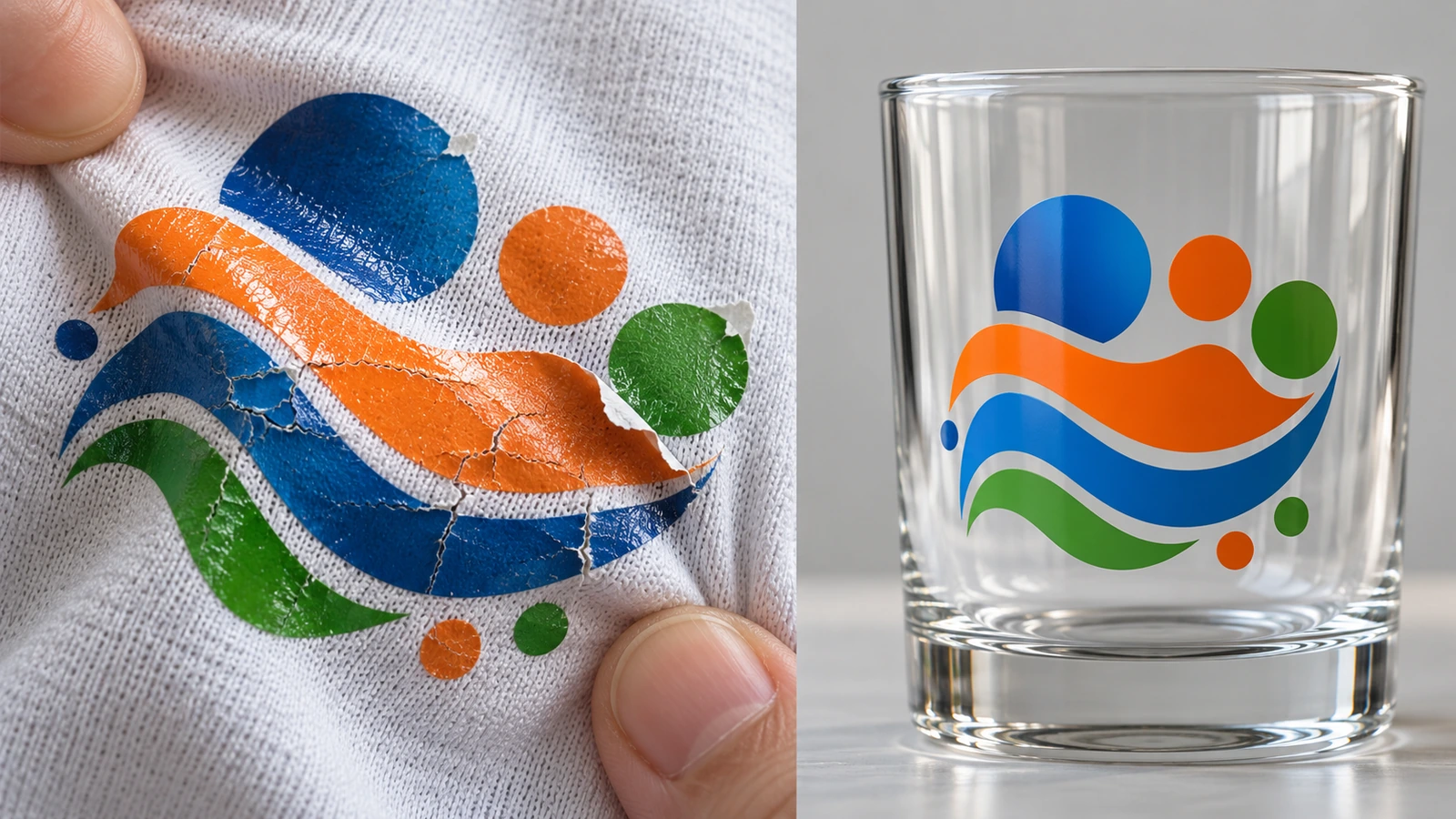 Decalque UV DTF rígido rachando e descolando em tecido esticado de camiseta de algodão, ao lado de um decalque UV DTF intacto em um copo térmico de vidro liso