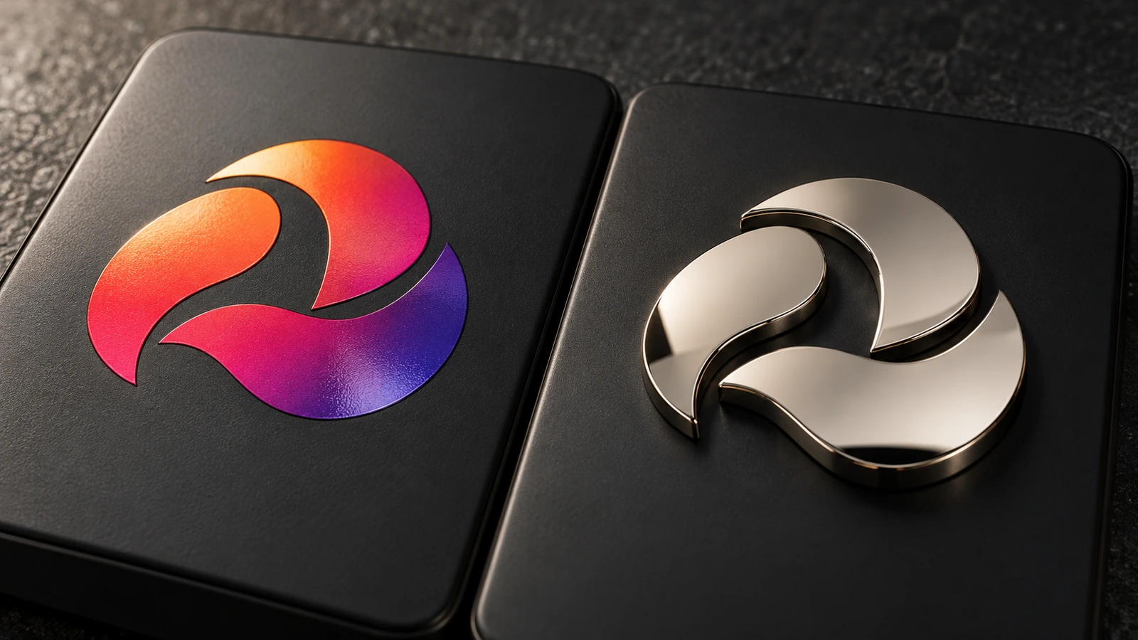Macro lado a lado de um logotipo transfer impresso em cores plenas e brilhante e de um logotipo de níquel espelhado em relevo, sobre carcaças de dispositivos pretas idênticas, sob a mesma luz