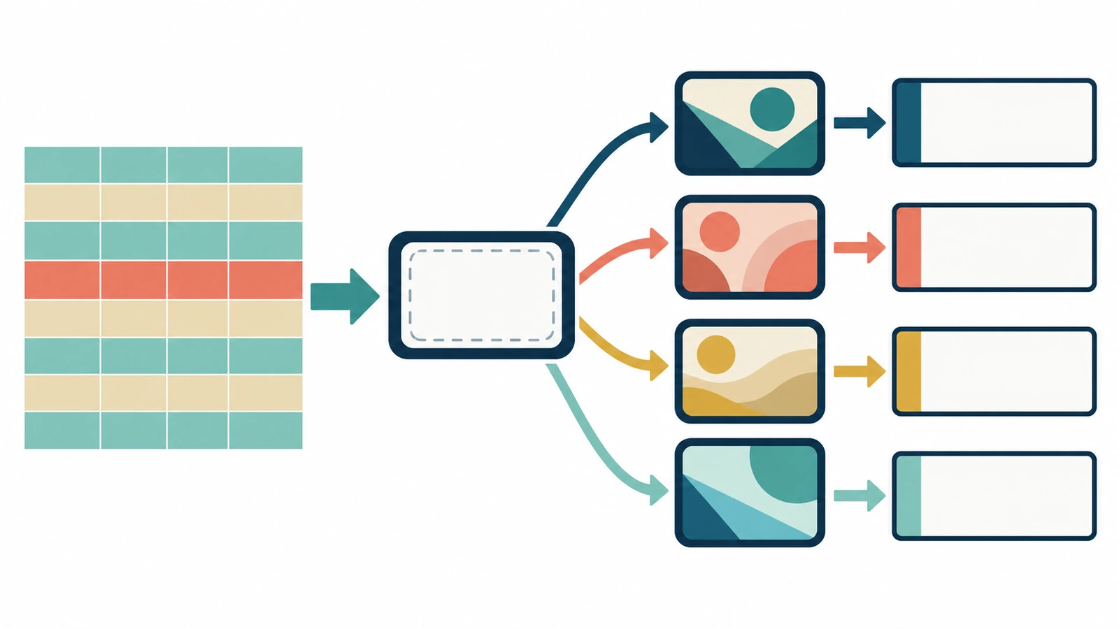 Diagrama de fluxo mostrando uma grade de dados alimentando um modelo de ímã, que se ramifica em versões impressas distintas e depois em caixas de envio separadas