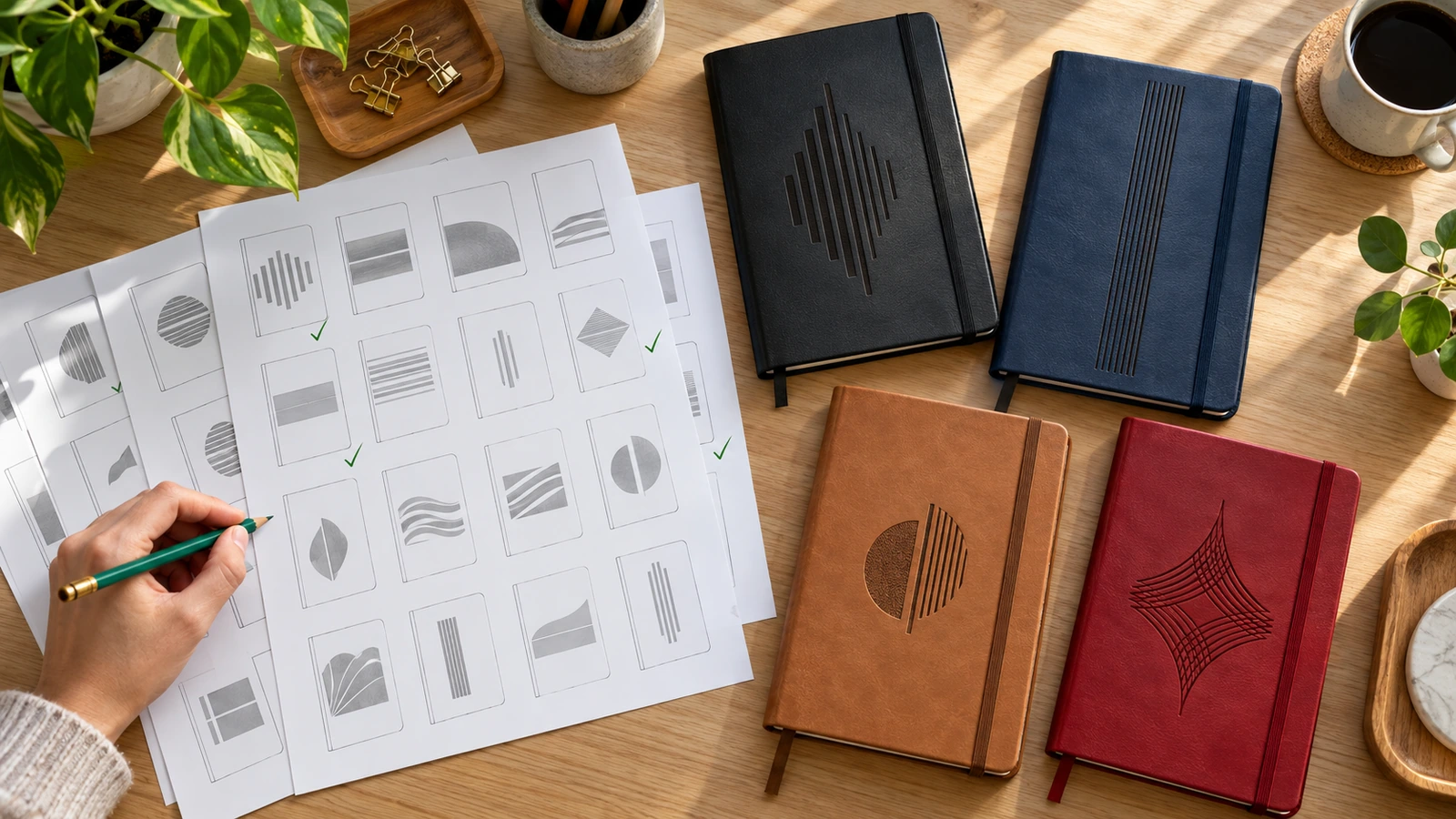 Folhas de prova de um lote de cadernos de couro personalizados dispostas ao lado de diários de teste em diferentes cores de capa para comparação