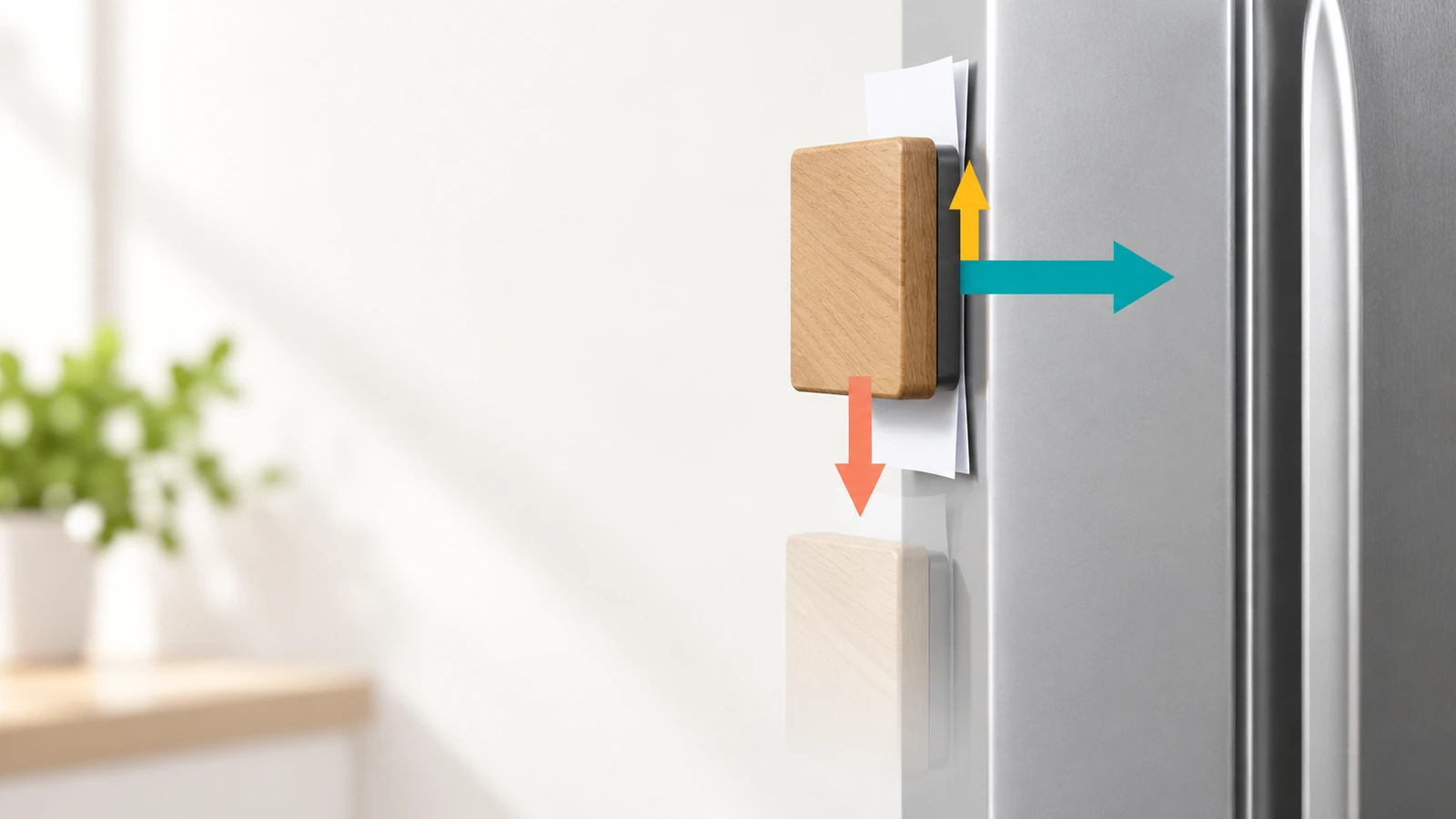 Diagrama de um ímã de madeira em uma porta de aço vertical, com setas indicando a força magnética de fixação, o peso para baixo e o atrito para cima