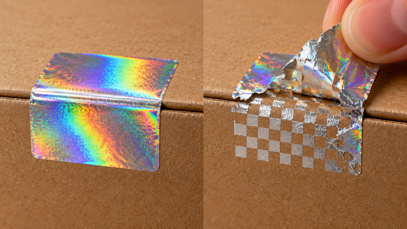 Comparação antes e depois de um selo de holograma prateado em uma caixa: etiqueta intacta à esquerda e etiqueta descolada, deixando um padrão xadrez de resíduo, à direita