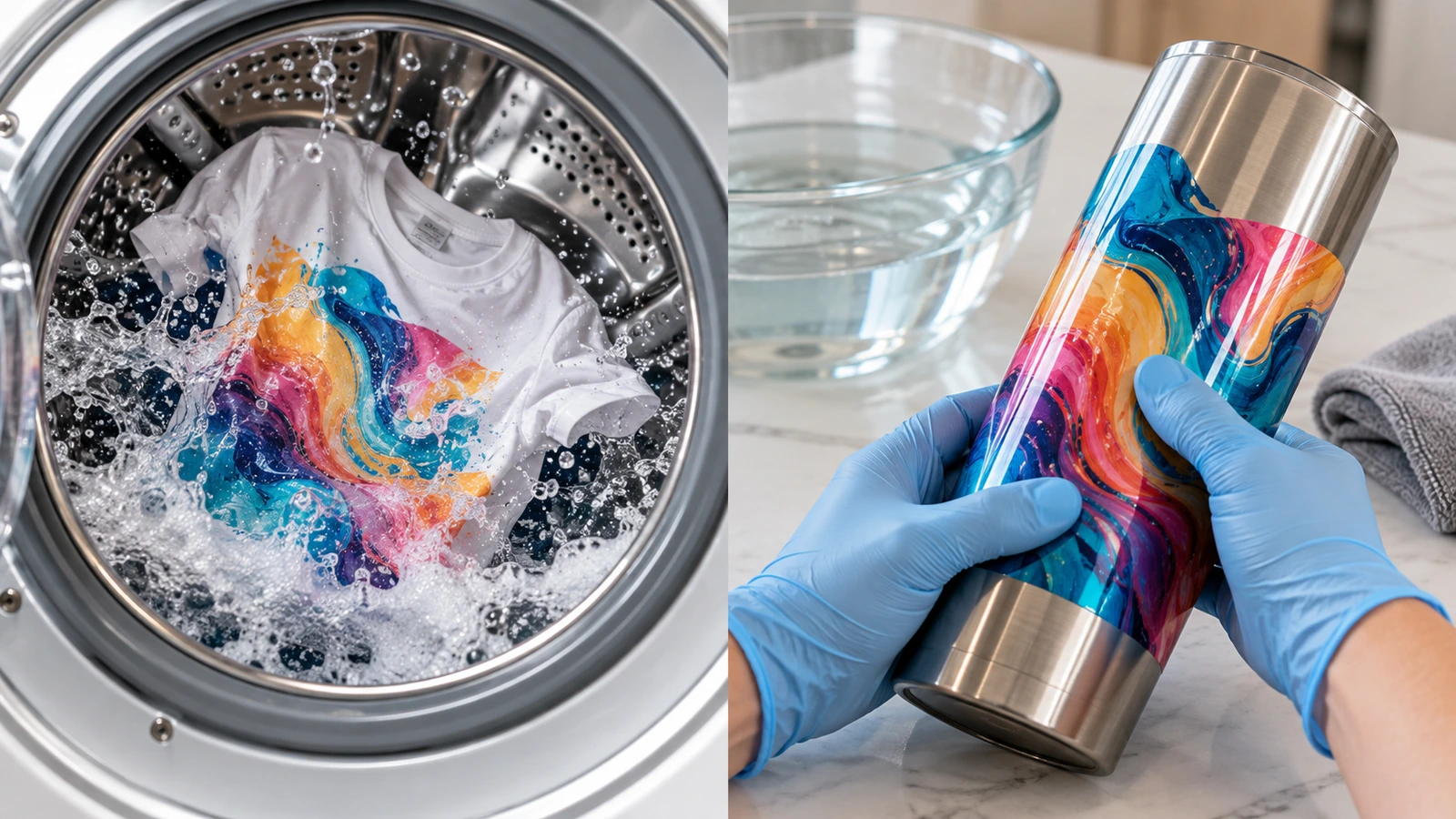 Teste de amostras lado a lado: uma camiseta de amostra estampada dentro do tambor de uma máquina de lavar e uma mão enluvada pressionando a borda de um decalque em um copo térmico de aço