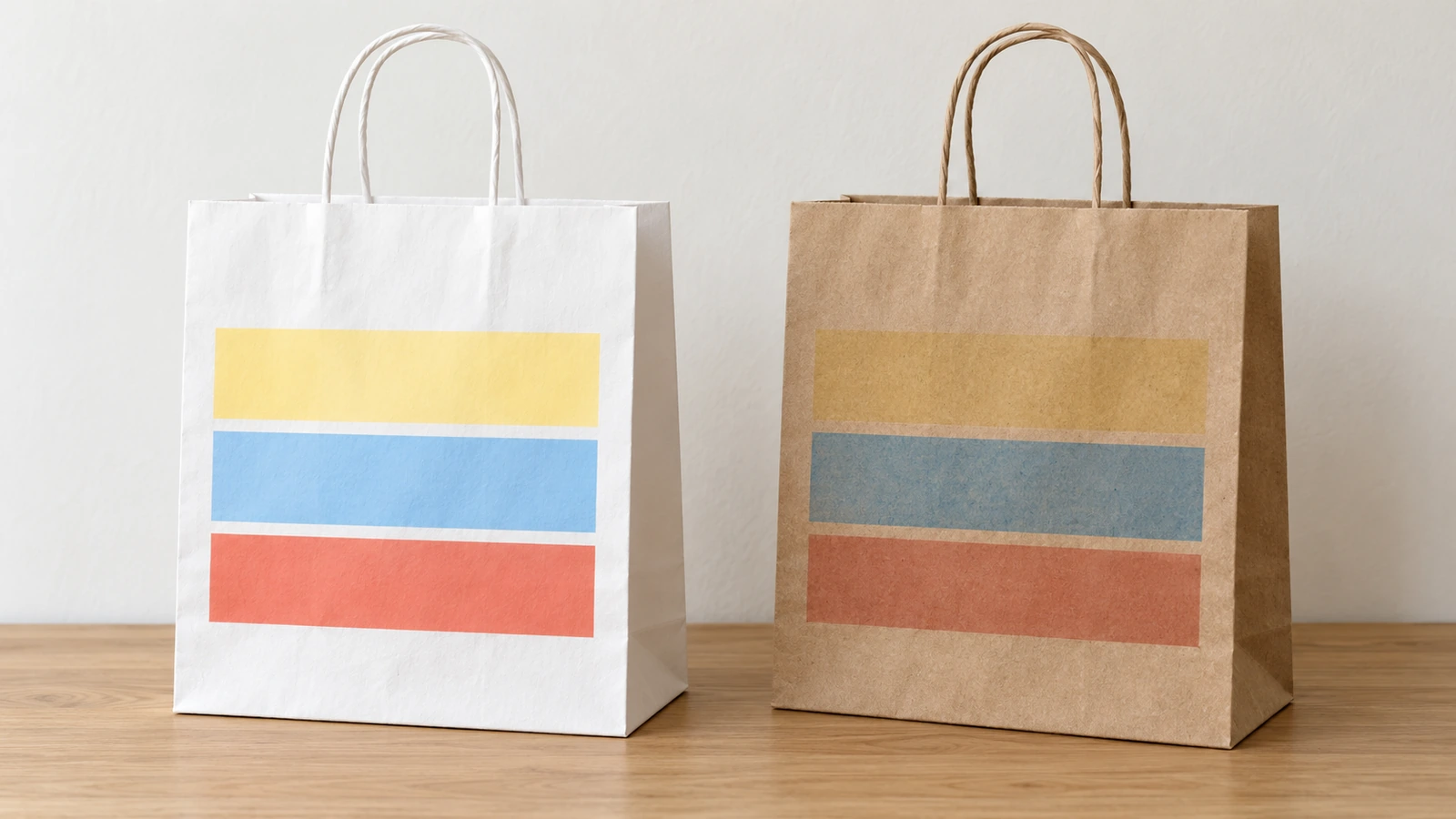 Sacolas de compras de papel kraft branco e de papel kraft marrom, de mesmo formato, lado a lado, ambas impressas com o mesmo padrão abstrato de blocos de cor para mostrar como o papel-base muda a cor