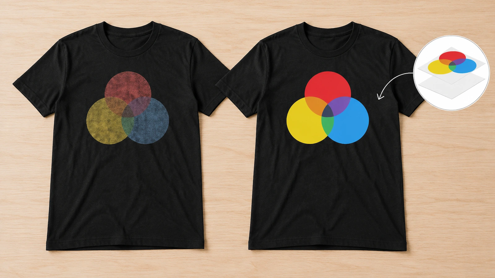 Duas camisetas pretas idênticas lado a lado, uma com estampa apagada sem base branca e outra com estampa vívida sobre uma base branca