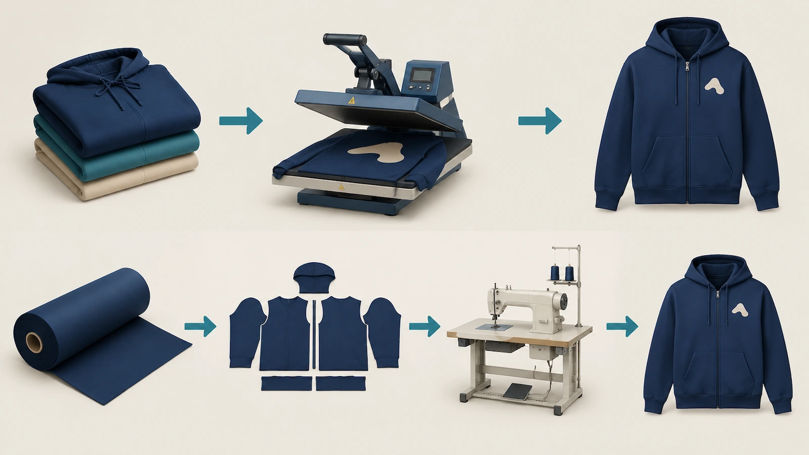 Duas rotas de produção de moletons personalizados: moletons lisos de estoque, dobrados, indo direto para uma estação de decoração, em comparação com um rolo de tecido sendo cortado em painéis planos e costurado em um moletom com zíper total
