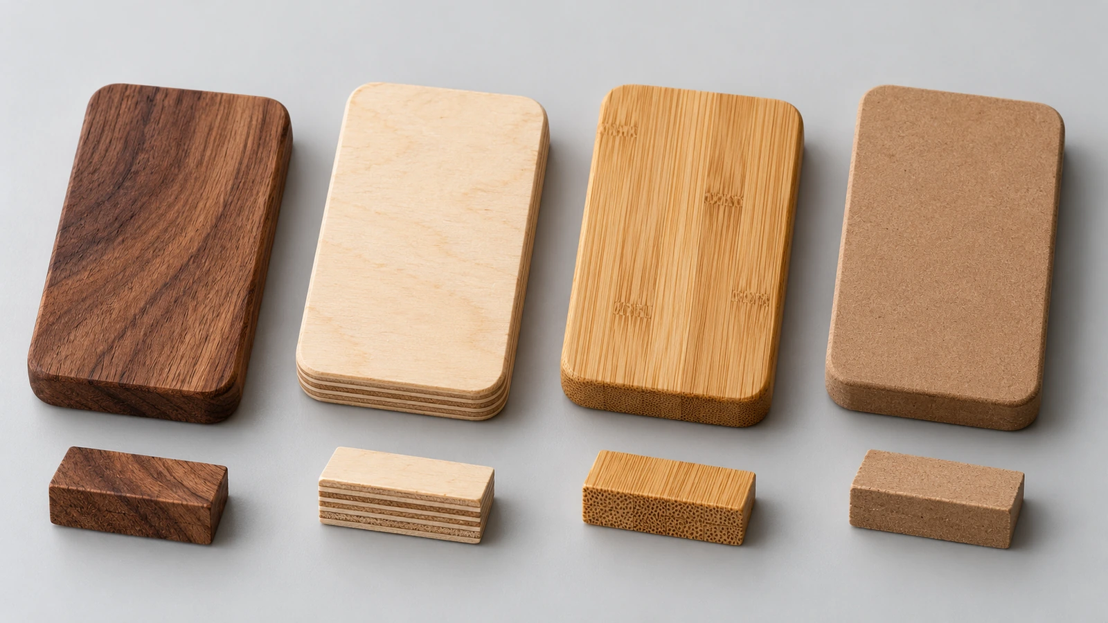 Quatro bases de chaveiro de madeira lado a lado, mostrando o veio da madeira de lei maciça, a borda em camadas do compensado de bétula, o bambu e o MDF liso e uniforme