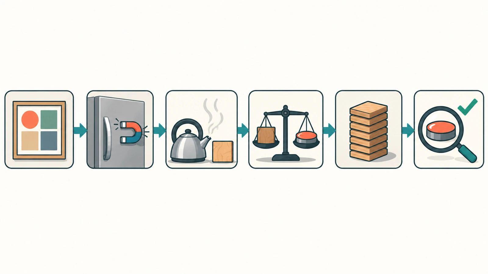 Fluxo de decisão para escolher como imprimir ímãs de geladeira, do tipo de arte ao teste de superfície, ambiente, dimensionamento do ímã, tamanho da tiragem e verificações da amostra