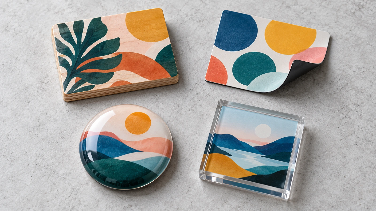 Quatro formas de imprimir ímãs de geladeira lado a lado: madeira com impressão UV, manta de ímã flexível laminada, impressão com domo de epóxi e inserto de acrílico