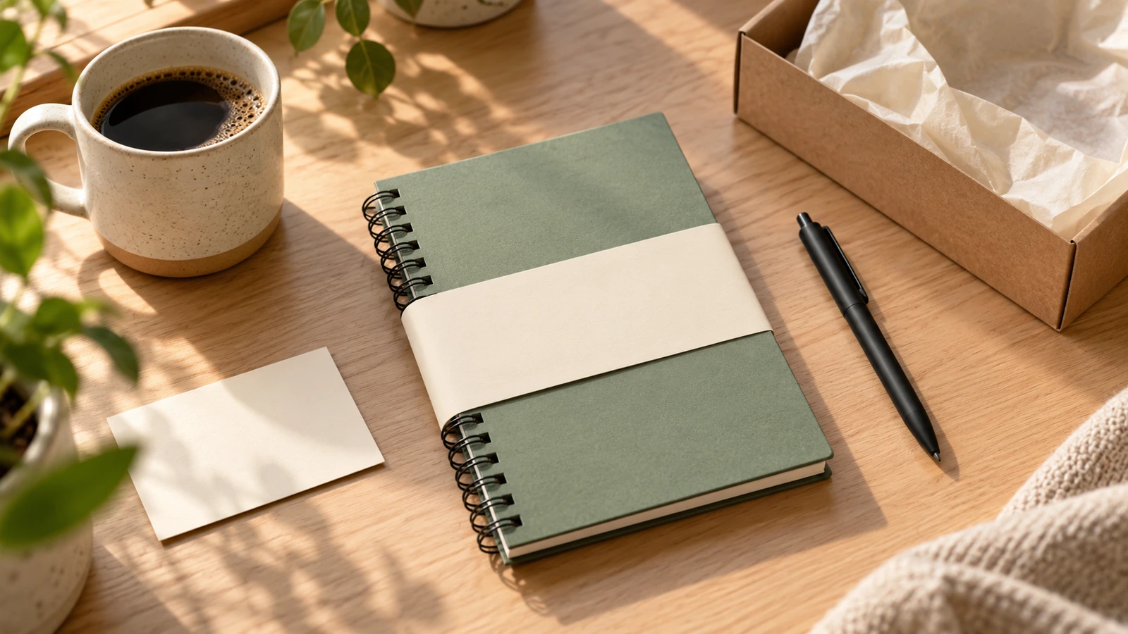 Kit de boas-vindas de integração sobre uma mesa, com um caderno wire-o envolvido em uma luva colorida lisa, uma caneta e um pequeno cartão em branco, sob luz natural suave