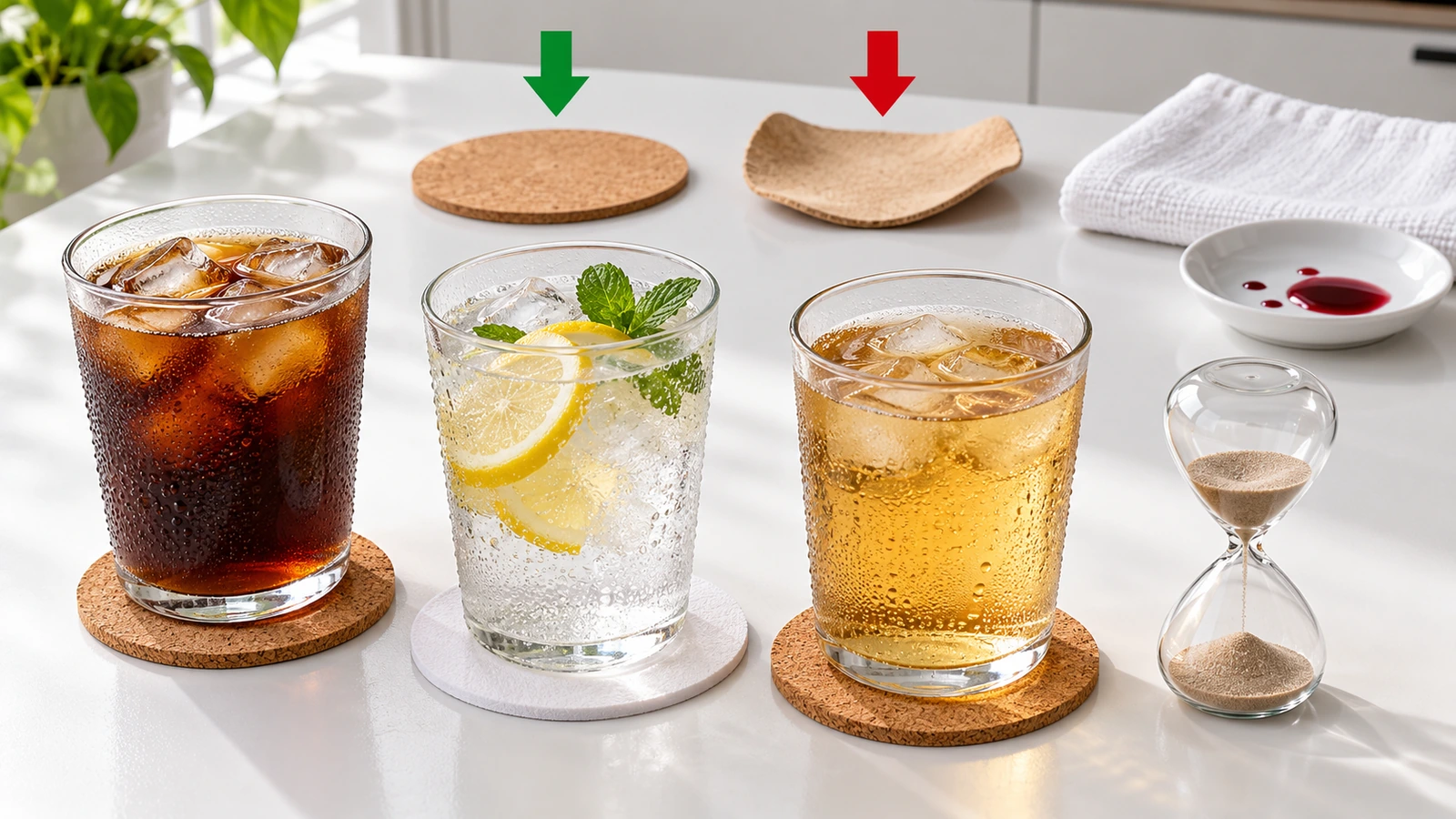 Montagem de teste de amostra com copos gelados sobre porta-copos de cortiça e de cartão de celulose, uma ampulheta e um porta-copo plano comparado a um porta-copo enrolado