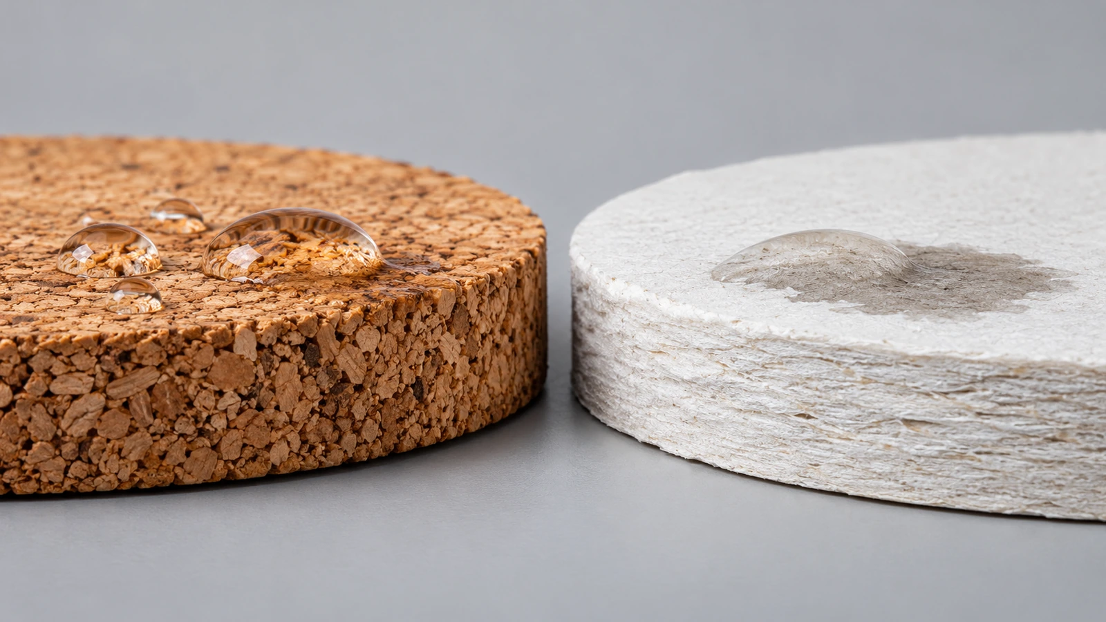Macrocomparação da textura celular natural da cortiça e das fibras em camadas do cartão de celulose, com gotas de água sobre cada superfície