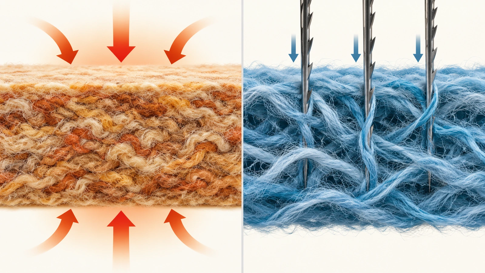 Ilustração em corte transversal comparando um feltro prensado denso e firmemente entrelaçado com um feltro agulhado mais volumoso, cujas fibras são puxadas pelas agulhas farpadas