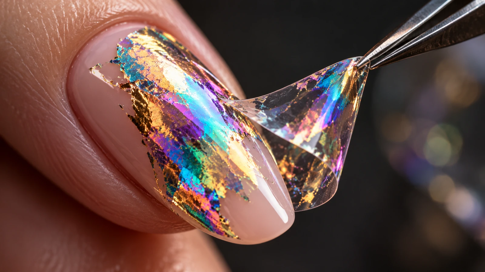 Vista macro de uma transferência de folha metálica holográfica em uma unha de gel, mostrando profundidade com mudança de cor numa superfície plana