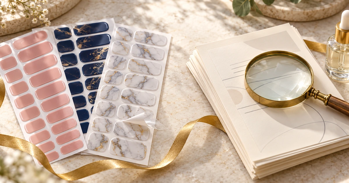 Folhas de películas adesivas para unhas ao lado de uma pilha de documentos de conformidade em branco e uma lupa