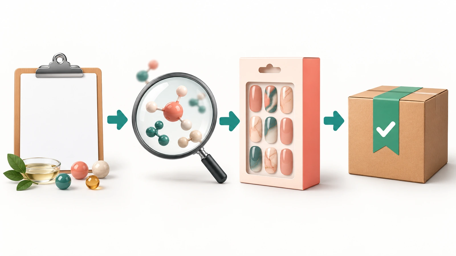Ilustração de fluxo com setas ligando uma folha de fórmula, uma revisão de segurança, uma caixa rotulada e uma caixa de envio para uma linha de películas para unhas