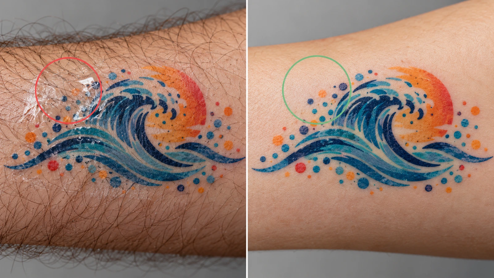 Macro dividido comparando uma tatuagem temporária levantando, com pequenas bolhas de ar sobre pelos do braço à esquerda, e uma tatuagem lisa e totalmente aderida em pele sem pelos à direita