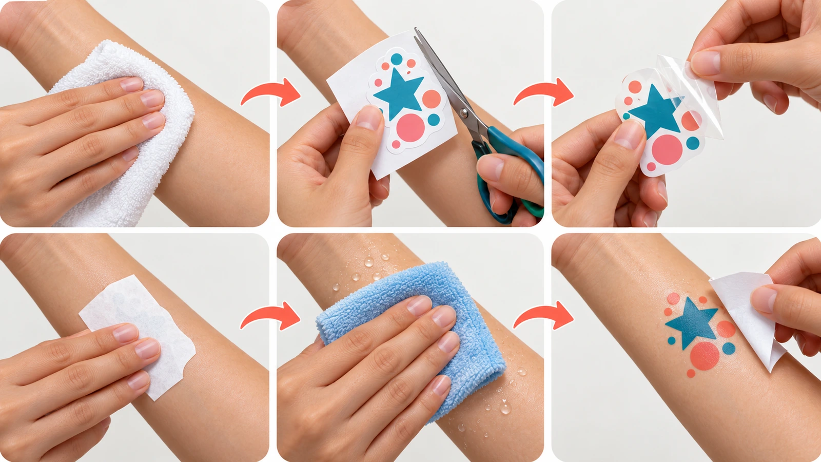 Sequência de seis etapas mostrando mãos limpando um antebraço, aparando uma tatuagem, removendo a película transparente, pressionando o desenho com a face para baixo, segurando um pano úmido sobre ele e levantando o papel