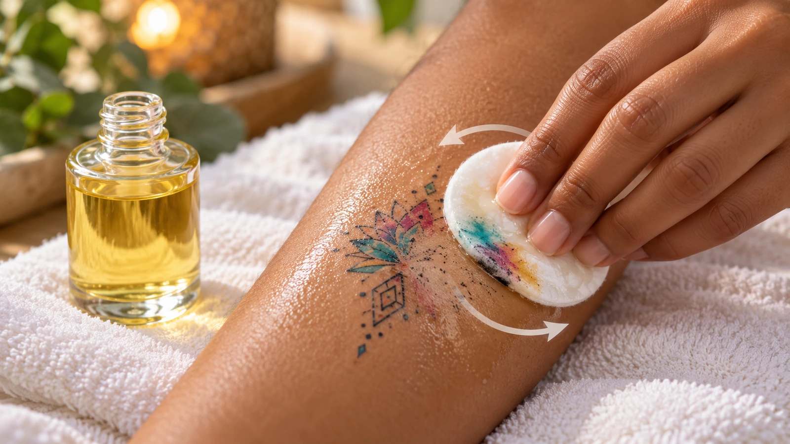 Close-up de um disco de algodão embebido em óleo transparente removendo uma tatuagem temporária desbotada de um antebraço, com formas de setas circulares suaves indicando o movimento de limpeza