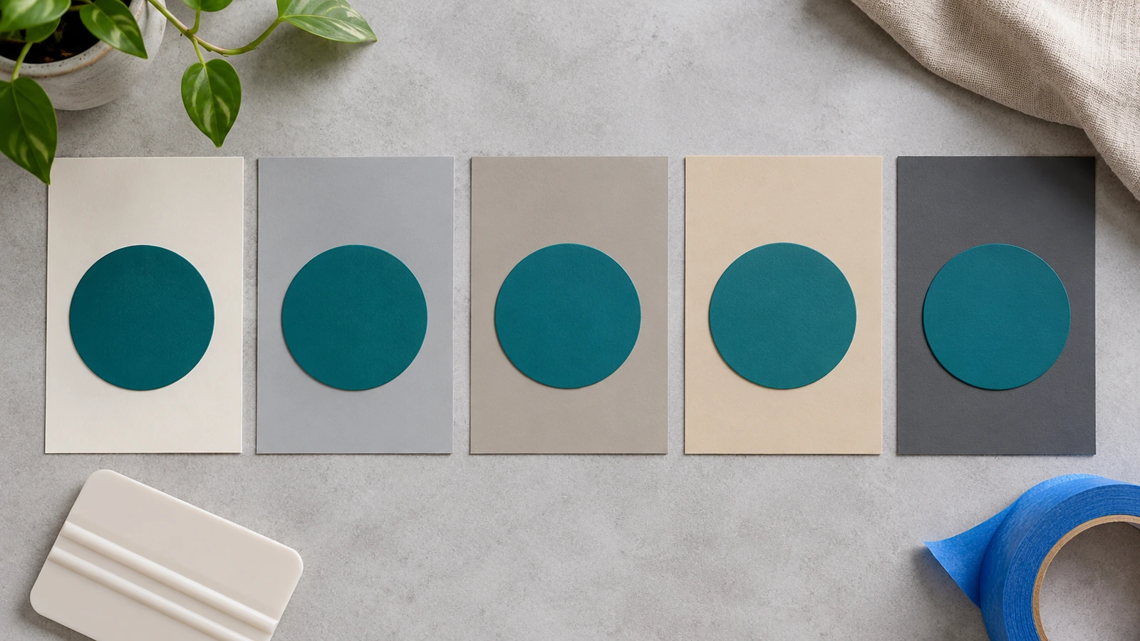 Vista superior de amostras de vinil nas cores da marca sobre várias cartelas de tintas para interiores em tons neutros, mostrando como a mesma cor da marca muda em diferentes cores de parede