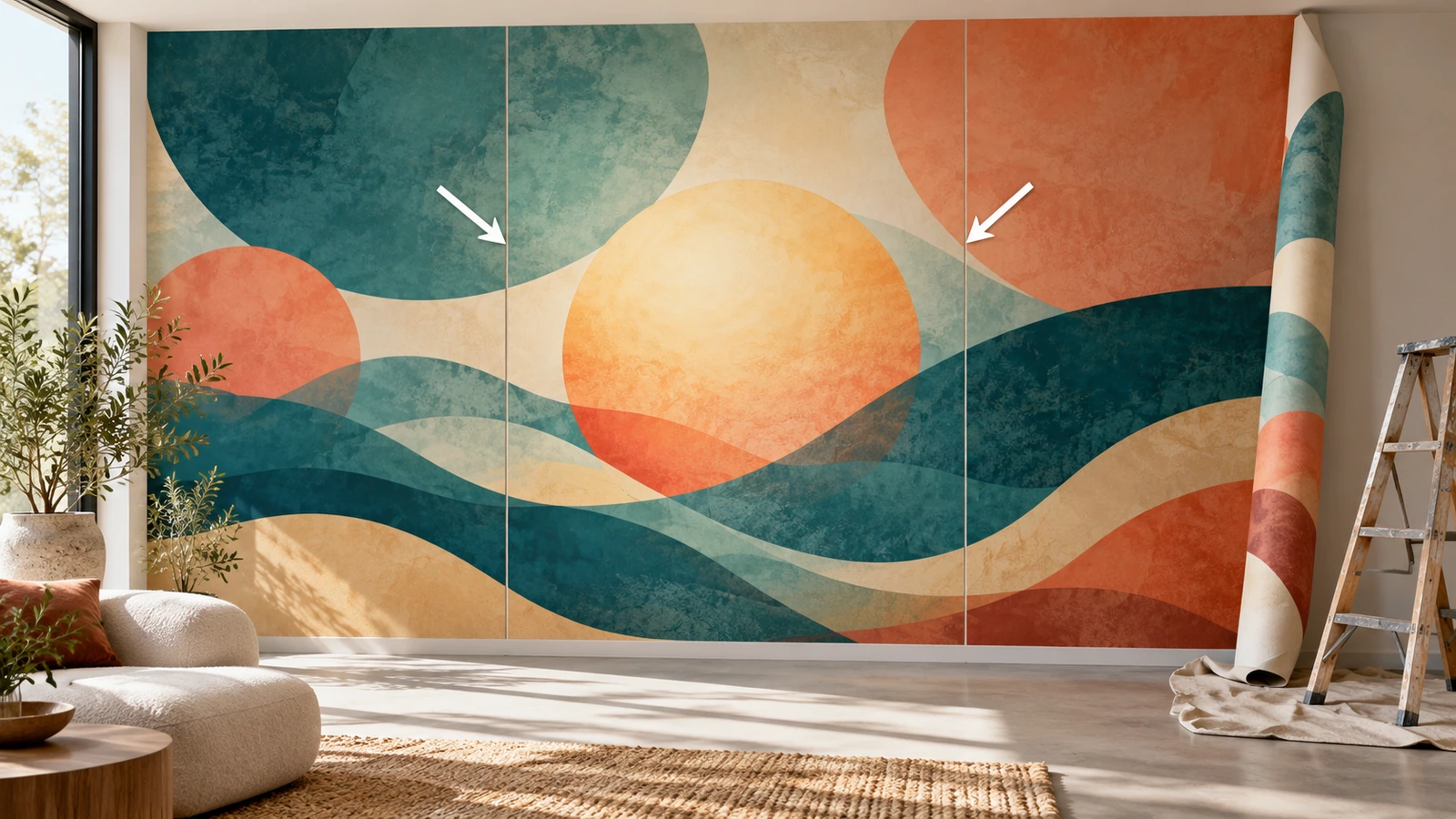Grande mural abstrato nas cores da marca, exibido em painéis verticais em uma parede de recepção, com setas indicando onde as emendas se afastam da forma central de destaque