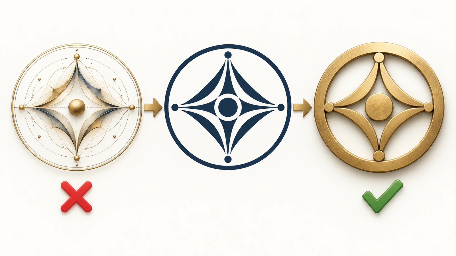 Diagrama em três etapas mostrando um emblema intrincado simplificado em formas sólidas e marcantes, com espaços abertos, conectadas por setas, pronto para a gravação da matriz de lacre