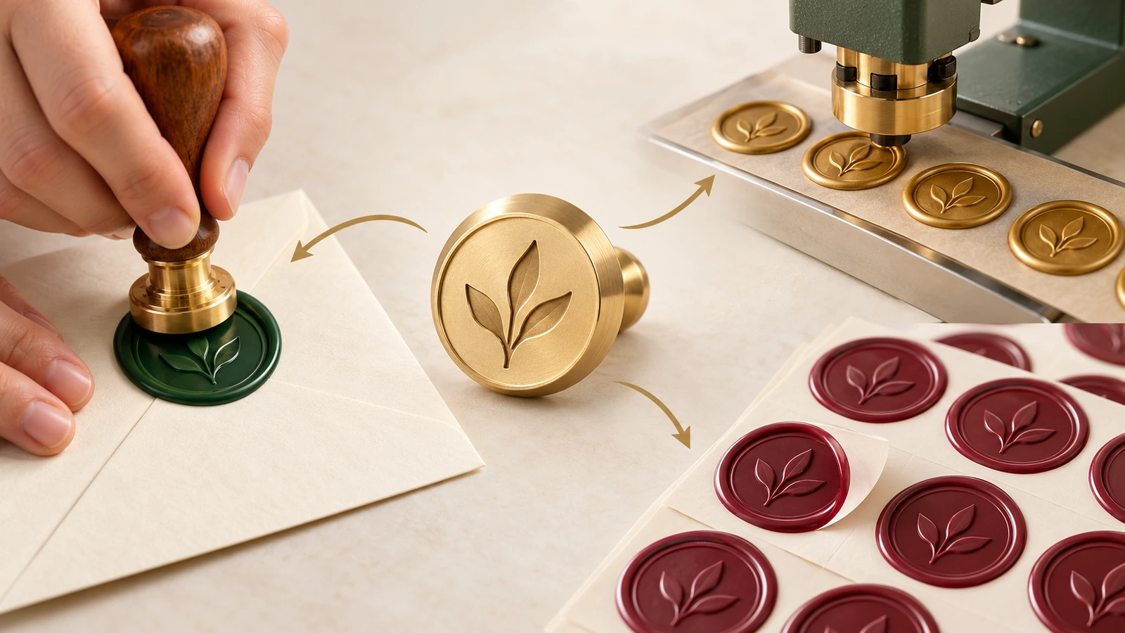 Ilustração de uma matriz de latão de selo de lacre no centro, com setas apontando para envelopes selados à mão, uma prensa de selagem de bancada e folhas de selos de lacre adesivos pré-fabricados