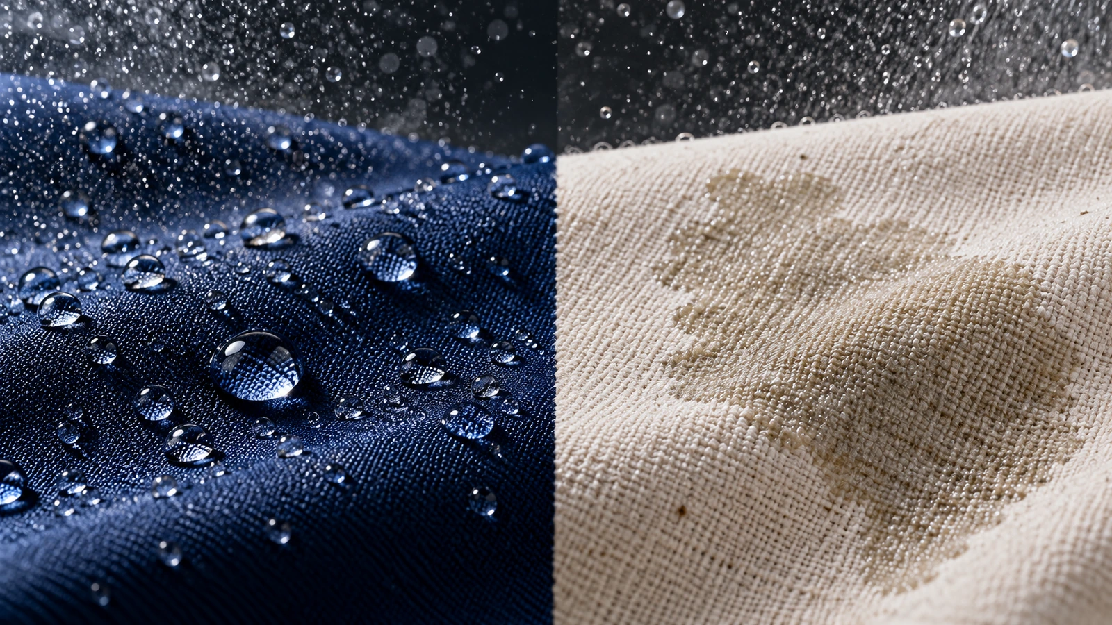Gotas de água formando contas sobre um tecido sintético liso, ao lado de água absorvida por uma lona de algodão tramada