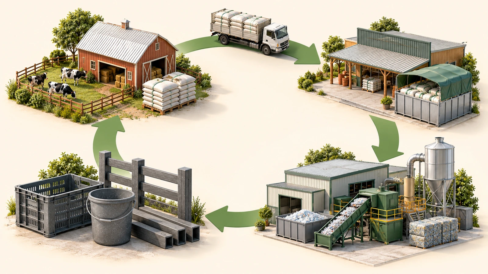Diagrama circular de logística reversa mostrando uma fazenda, um recipiente de coleta de revendedor, uma unidade de reciclagem e novos produtos conectados por setas