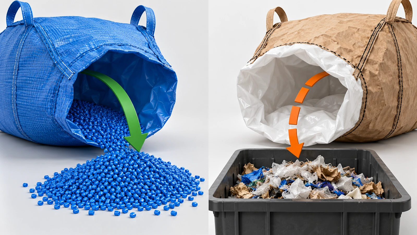 Comparação lado a lado de um saco monomaterial de cor única e um saco de material misto multicolorido, com setas mostrando um caminho até uma pilha de pellets e outro até uma caixa de rejeitos