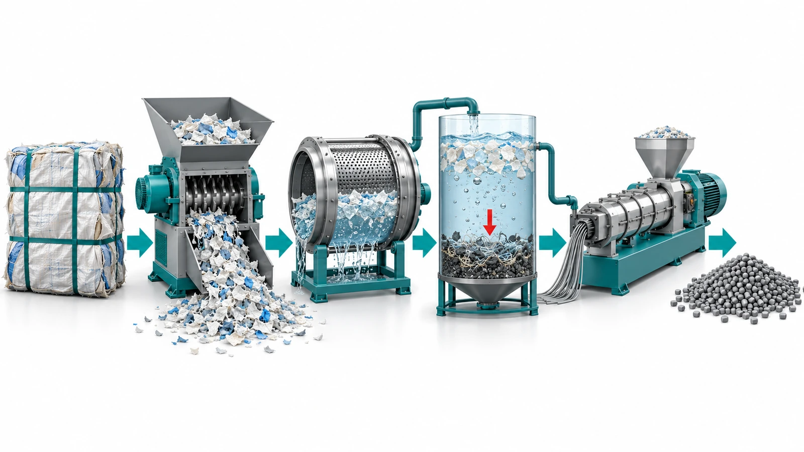 Diagrama de fluxo da reciclagem de sacos de ração, desde os sacos enfardados, passando por trituração, lavagem, tanque de flutuação e afundamento e extrusão, até os pellets reciclados